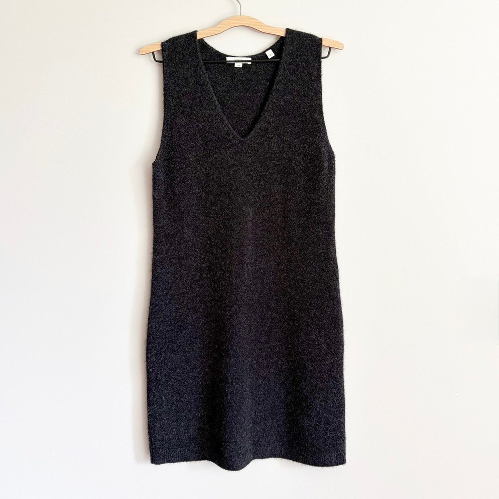 Vince Wool Alpaca Blend Sleeveless Sweater Dress Medium Charcoal Gray V-Neck